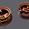 Textured Brown Ceramic Pots with Double Handles and Fresh Ingredients for Home Use