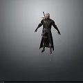Silver Haired Man With Red Facial Markings Wearing Dark Long Coat Leather Belt And Weapons