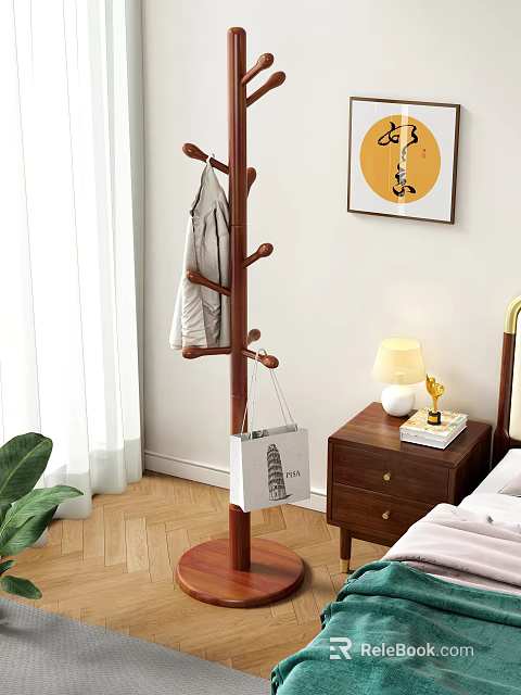 Wooden Coat Rack In Bedroom With Hanging Coat And Bag 3d model 