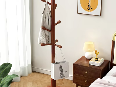 Wooden Coat Rack In Bedroom With Hanging Coat And Bag 3d model
