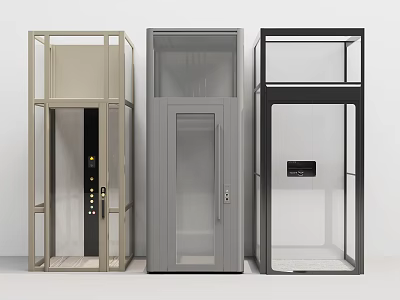 Modern Elevator Cabins in Different Colors with Glass Doors and Metal Frames 3d model