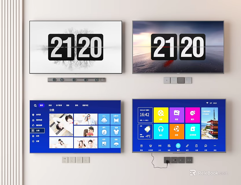 Modern Television Screens Showing 2120 Time Smart Interface And Scenic Backgrounds 3d model 