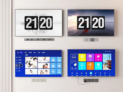 Modern Television Screens Showing 2120 Time Smart Interface And Scenic Backgrounds 3d model