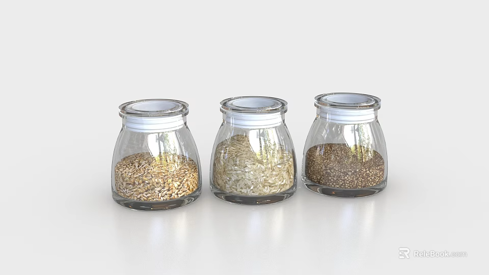Three Ceramic Jars with Airtight Lids Storing Oats Rice and Grains in Kitchen 3d model 