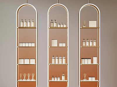 Elegant Arched Gold Frame Shelves With Skincare Products And Decorative Items 3d model
