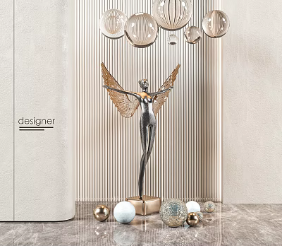 Elegant Winged Female Metallic Sculpture with Golden Base on Striped Wall and Decorative Spheres 3d model