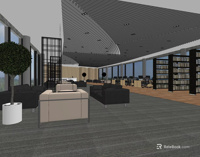 Modern Public Office Space With Large Windows Sofas Bookshelves And Bright Atmosphere 3d model