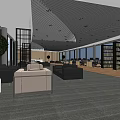 Modern Public Office Space With Large Windows Sofas Bookshelves And Bright Atmosphere 3d model