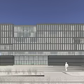 Modern Office Building With Glass Curtain Wall Trees Vehicles And Pedestrians