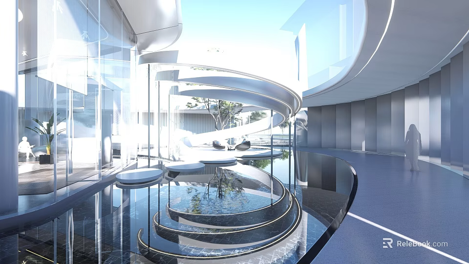 Modern Sales Office Building With Glass Curtain Wall And Curved Water Feature 3d model 