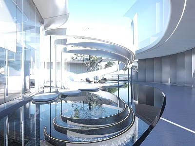 Modern Sales Office Building With Glass Curtain Wall And Curved Water Feature 3d model