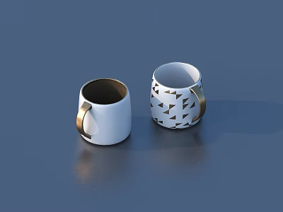 Modern Household Mugs With White Bodies Golden Handles And Black Geometric Patterns 3d model