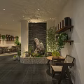 Cozy Restaurant Interior With Wooden Tables Stools Wall Shelves Green Plants And Counter