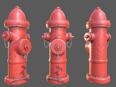 Three Red Vintage Fire Hydrants With Classic Design And Metal Chain Details 3d model