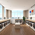 Modern Laundry Shop Interior with Multiple Washing Machines Wooden Table Chairs and Posters