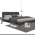 Modern Double Bed Interior With Leather Headboard Pillows Blanket Side Table Hanging Lamp And Rug