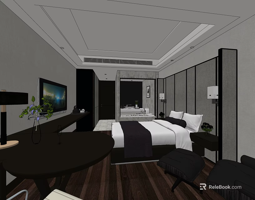 Modern Hotel Room Interior With Comfortable Bed Flat Screen TV Wooden Floor And Decorative Lighting 3d model 