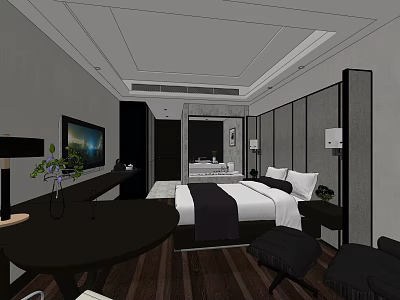 Modern Hotel Room Interior With Comfortable Bed Flat Screen TV Wooden Floor And Decorative Lighting 3d model
