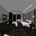 Modern Hotel Room Interior With Comfortable Bed Flat Screen TV Wooden Floor And Decorative Lighting