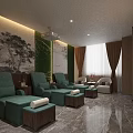 Luxurious SPA Sauna Interior Design With Green Massage Chairs Footstools Decorative Wall Paintings And Curtains