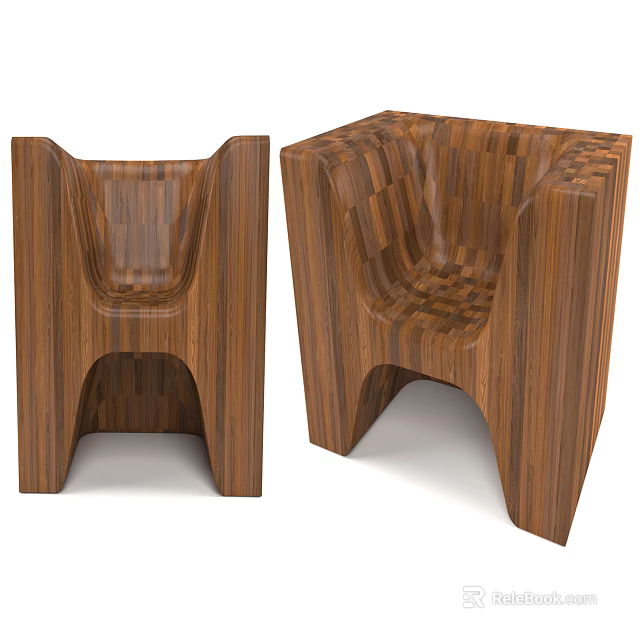 Modern Wooden Leisure Chairs With Unique Curved Structure And Natural Wood Grain 3d model 
