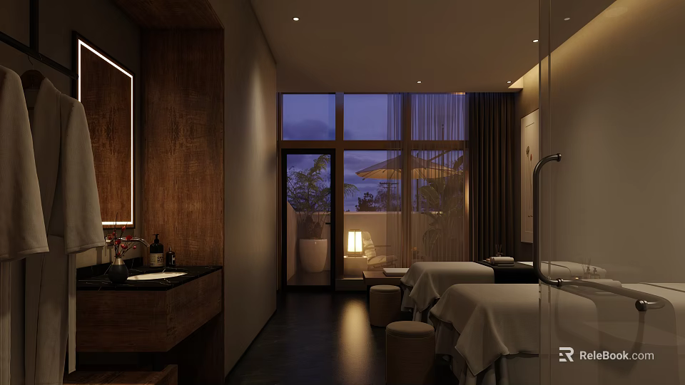 Relaxing SPA Sauna Interior With Wooden Decor Massage Beds Soft Lighting And Scenic View 3d model 