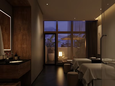 Relaxing SPA Sauna Interior With Wooden Decor Massage Beds Soft Lighting And Scenic View 3d model