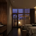 Relaxing SPA Sauna Interior With Wooden Decor Massage Beds Soft Lighting And Scenic View