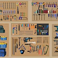 Organized Hardware Tools On Wall Mounted Pegboards With Wrenches Screwdrivers Hammers And Toolboxes 3d model