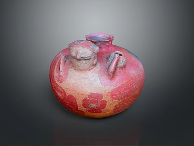 Ancient Red Orange Pottery Jar With Floral Patterns Double Handles And Lid 3d model