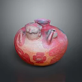 Ancient Red Orange Pottery Jar With Floral Patterns Double Handles And Lid