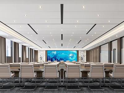 Modern Conference Room Interior Design With Long Table Multiple Chairs And Ceiling Lights 3d model