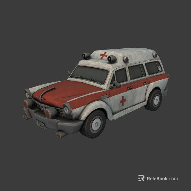 Vintage Ambulance Vehicle With Red Cross Markings And Roof Lights 3d model 