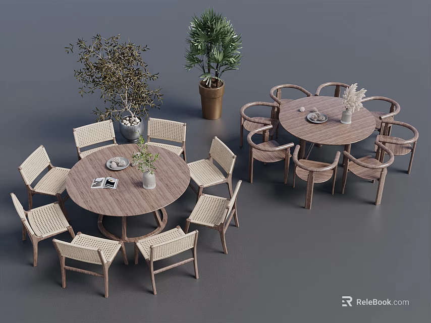 Elegant Wooden Round Dining Table Set With Matching Chairs And Decorative Potted Plants 3d model 