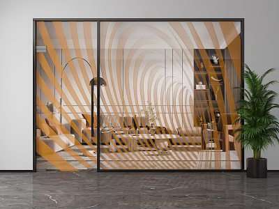 Modern Living Room Through Glass Sliding Door With Orange White Stripes Sofa Coffee Table 3d model