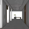 Modern Elevator Hallway Design With White Walls Gold Accents Ceiling Dot Lights And Green Plant