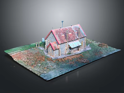 Rural Landscape With Small House Red Roof Green Grass And Dirt Ground 3d model