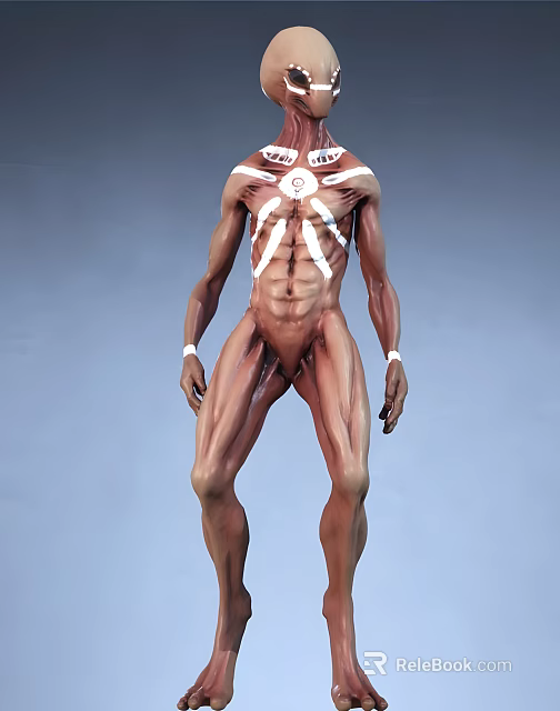 Muscular Male Game Movie Character With Upper Body White Markings Brown Skin And White Wristbands 3d model 