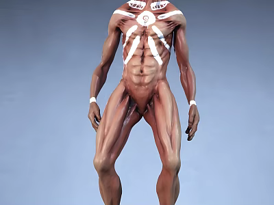Muscular Male Game Movie Character With Upper Body White Markings Brown Skin And White Wristbands 3d model