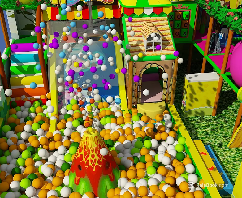 Fun Colorful Play Equipment With Ball Pit Volcano Structure Steps And Small House Elements 3d model 