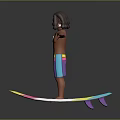 Shirtless Surfer Boy Standing On Colorful Surfboard With Outstretched Arms