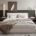 Modern Bedroom Interior With Large Window City View Artwork Nightstand Lamp Throw Blanket And Bookshelf