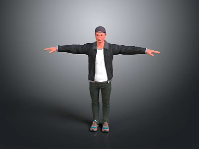 Man Wearing Cap Black Jacket White T Shirt Dark Pants Colorful Shoes With Arms Outstretched 3d model