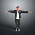 Man Wearing Cap Black Jacket White T Shirt Dark Pants Colorful Shoes With Arms Outstretched