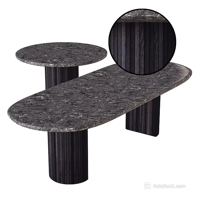 Modern Dark Wooden Dining Table With Oval Marble Top And Round Side Table 3d model 