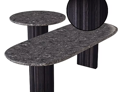 Modern Dark Wooden Dining Table With Oval Marble Top And Round Side Table 3d model