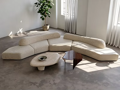 Soft Beige Curved L Shaped Sofa and Coffee Table Set with Sunlight and Green Plant 3d model