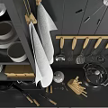 Contemporary Kitchen Storage With Black Cabinets White Dinnerware Wooden Utensil Rack Cooking Utensils And Towel