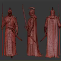 Three Armored Fantasy Characters In Ornate Armor With Spears Swords And Cloaks From Different Angles