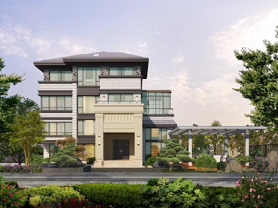 Modern Multi Story Detached Villa With Glass Windows And Surrounding Greenery Trees 3d model